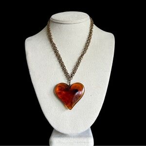Long Vintage Baltic Amber Heart Pendant Necklace